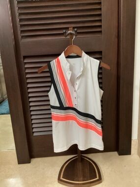 Tail White Sleeveless Polo Top with Coral and Black Stripes